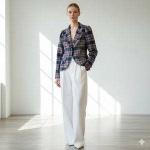 Anthropologie autres filles Size Medium Navy Pink Plaid One Button Blazer Preppy